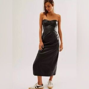 Free People‎ Mira Strapless Corset Faux Vegan Leather Midi Dress Black Size 6